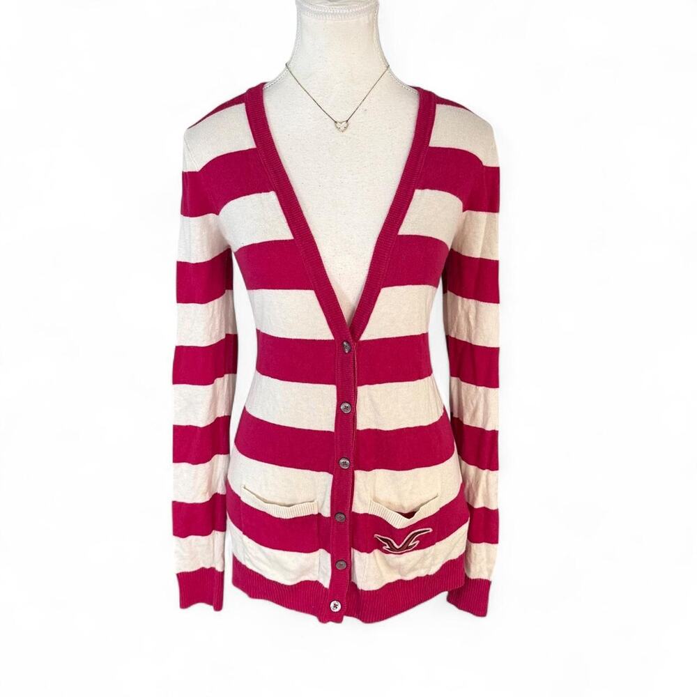Y2K Striped Hollsiter 2000s cardigan with embroidered patch size large  Preppy